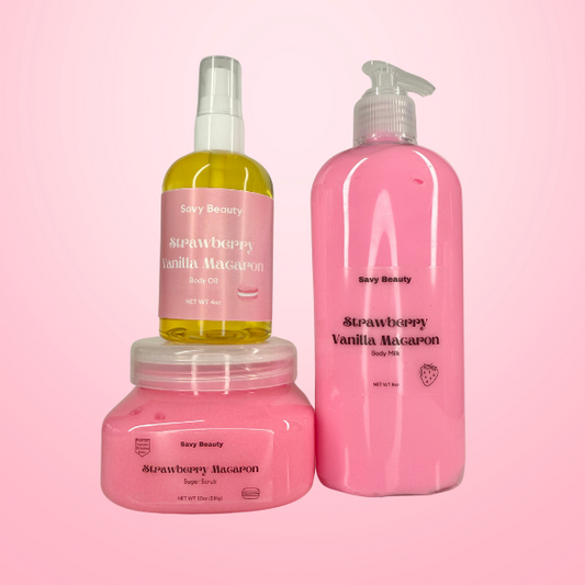 Strawberry Vanilla Macaron Body Milk, Sugar Scrub & Body Oil Body Bundle